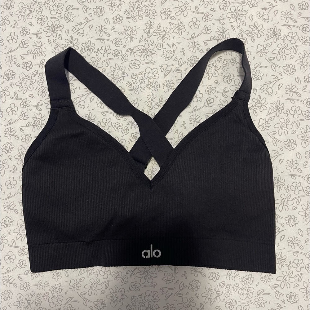 ALO Yoga Black Ribbed Crisscross Sports Bra